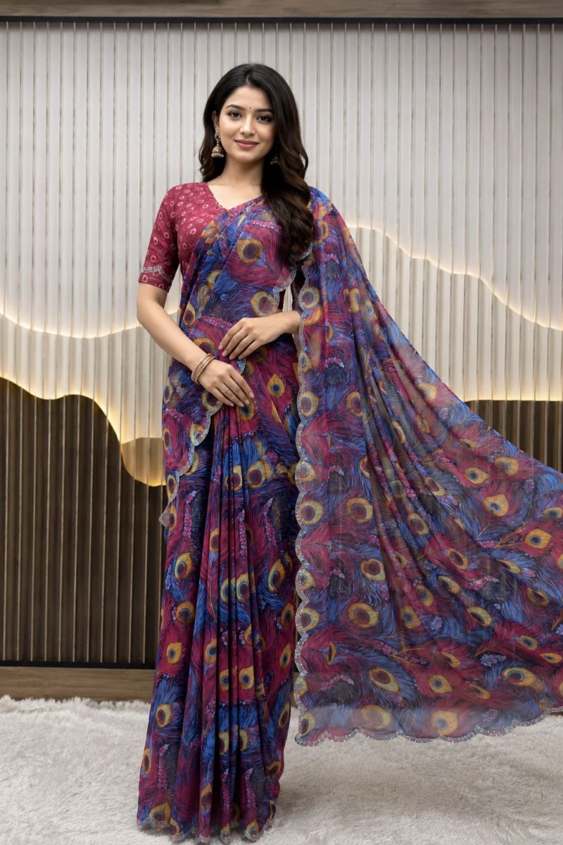 St D No 155 A Soft Faux Georgette Peacock Digital Printed Saree — Festival Sarees, Vardan Ethnic wholesale from Surat — view 7