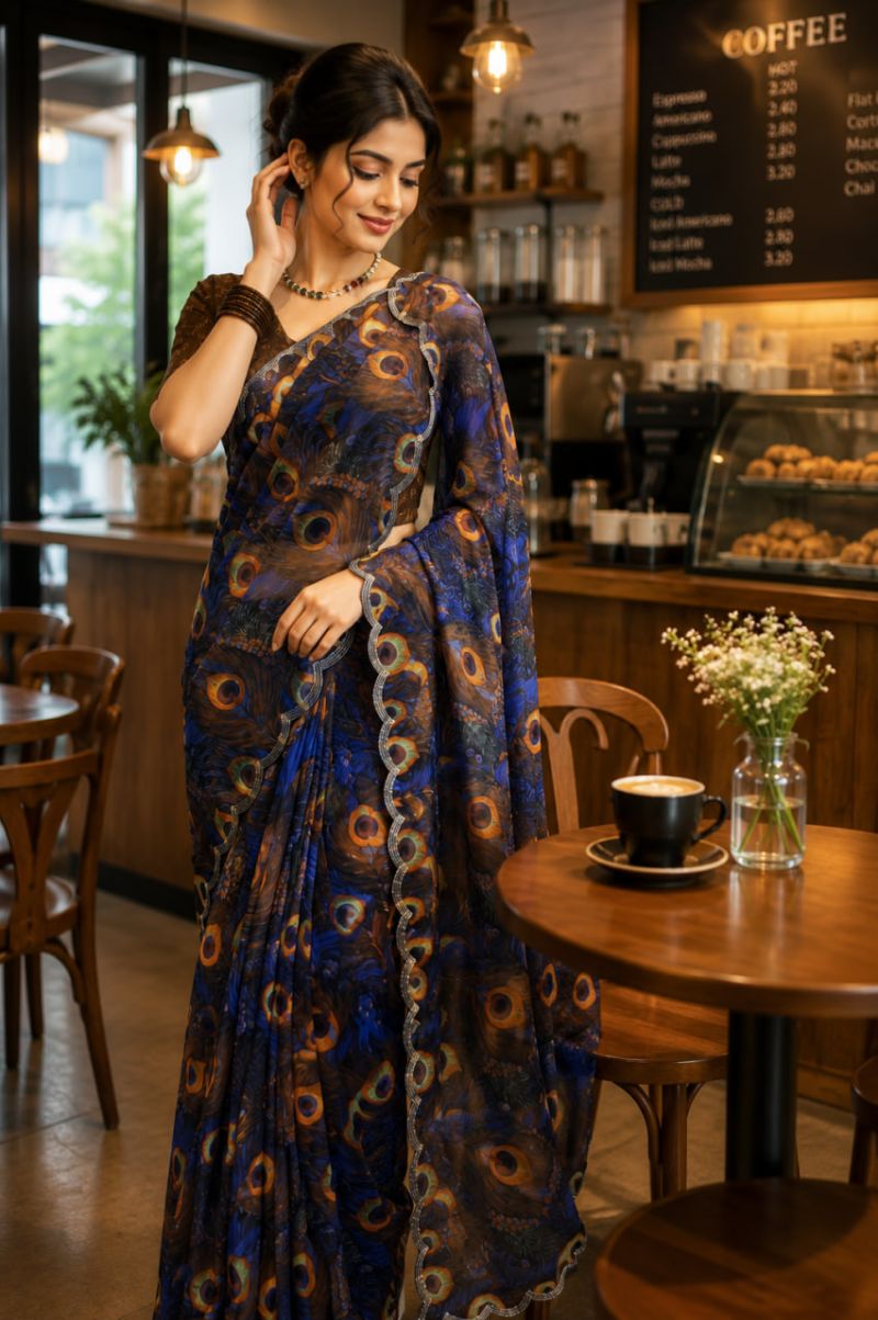 St D No 155 A Soft Faux Georgette Peacock Digital Printed Saree — Festival Sarees, Vardan Ethnic wholesale from Surat — view 4