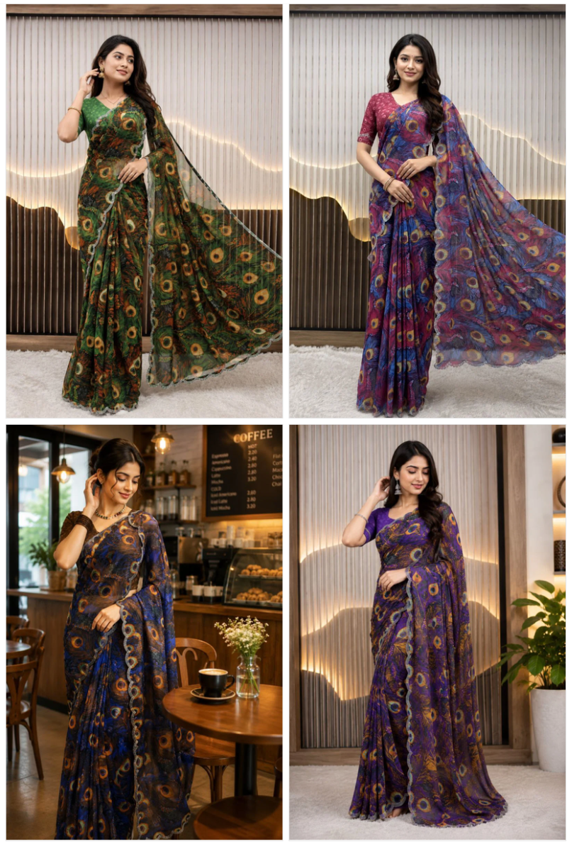 St D No 155 A Soft Faux Georgette Peacock Digital Printed Saree — Festival Sarees, Vardan Ethnic wholesale from Surat — view 9
