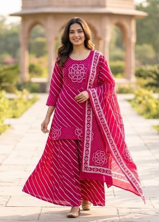 Tlc Vol 59 Cotton Leheriya Print Mirror Work Kurti With Bottom Dupatta Set — Wholesale Salwar Suits, Vardan Ethnic wholesale from Surat — view 4