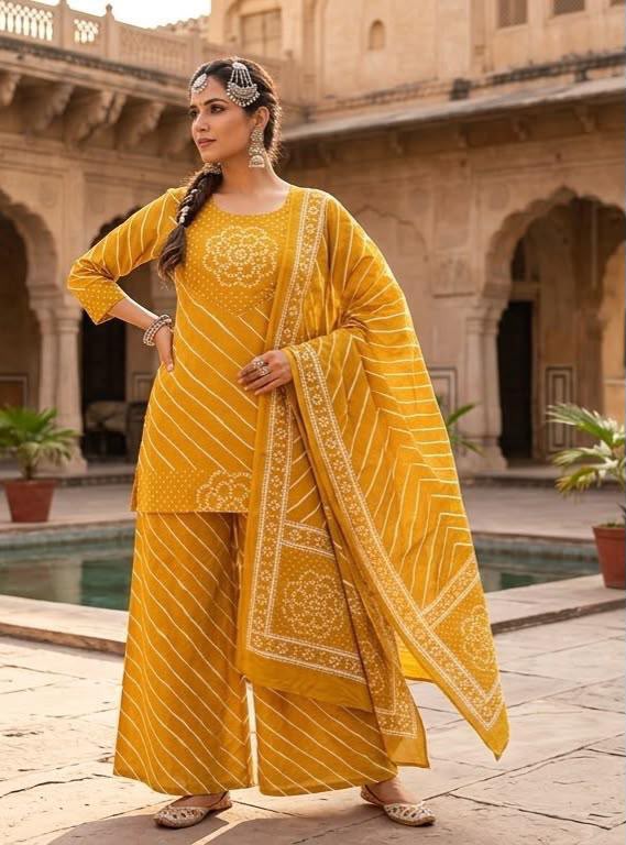 Tlc Vol 59 Cotton Leheriya Print Mirror Work Kurti With Bottom Dupatta Set