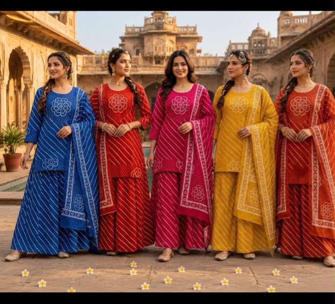 Tlc Vol 59 Cotton Leheriya Print Mirror Work Kurti With Bottom Dupatta Set — Wholesale Salwar Suits, Vardan Ethnic wholesale from Surat — view 3