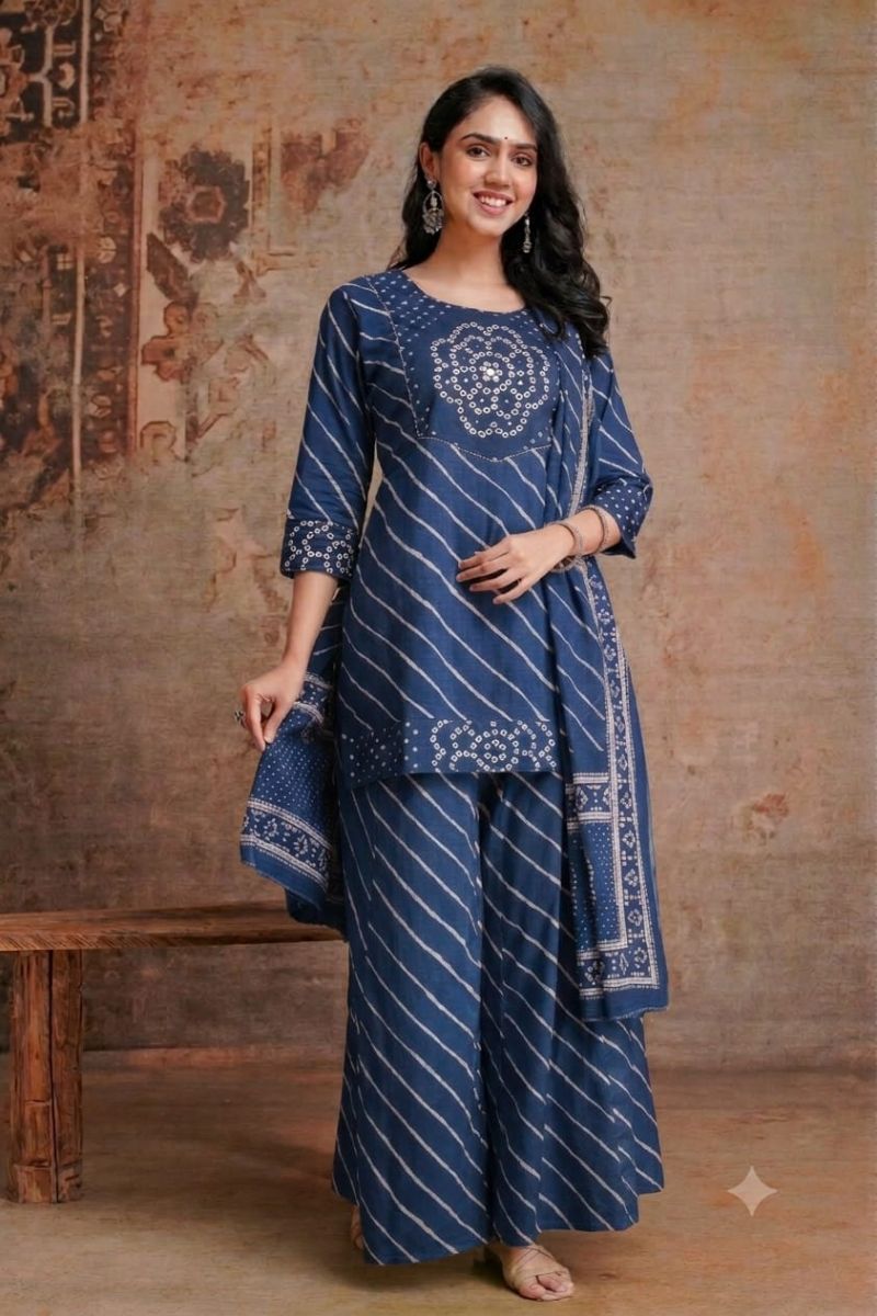 Tlc Vol 67 Cotton Leheriya Printed Short Kurti With Bottom Dupatta Catalog — Wholesale Kurti Pant Set, Vardan Ethnic wholesale from Surat — view 3