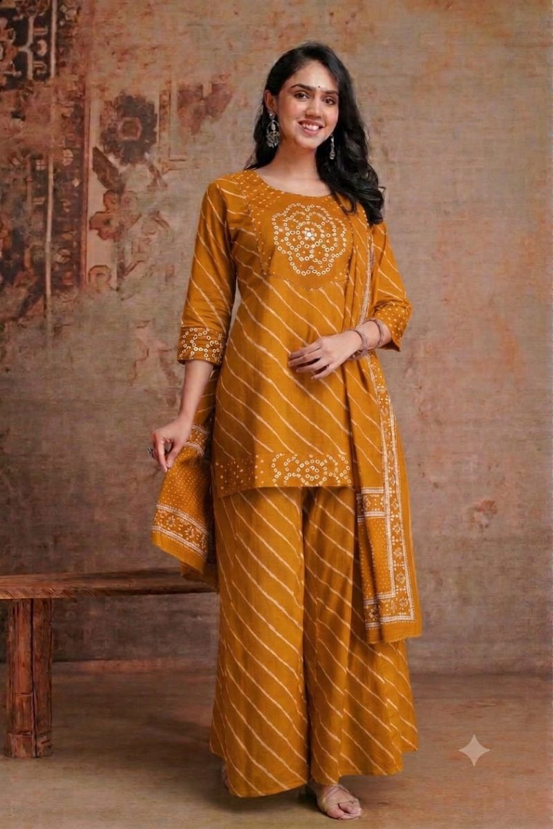 Tlc Vol 67 Cotton Leheriya Printed Short Kurti With Bottom Dupatta Catalog — Wholesale Kurti Pant Set, Vardan Ethnic wholesale from Surat — view 4