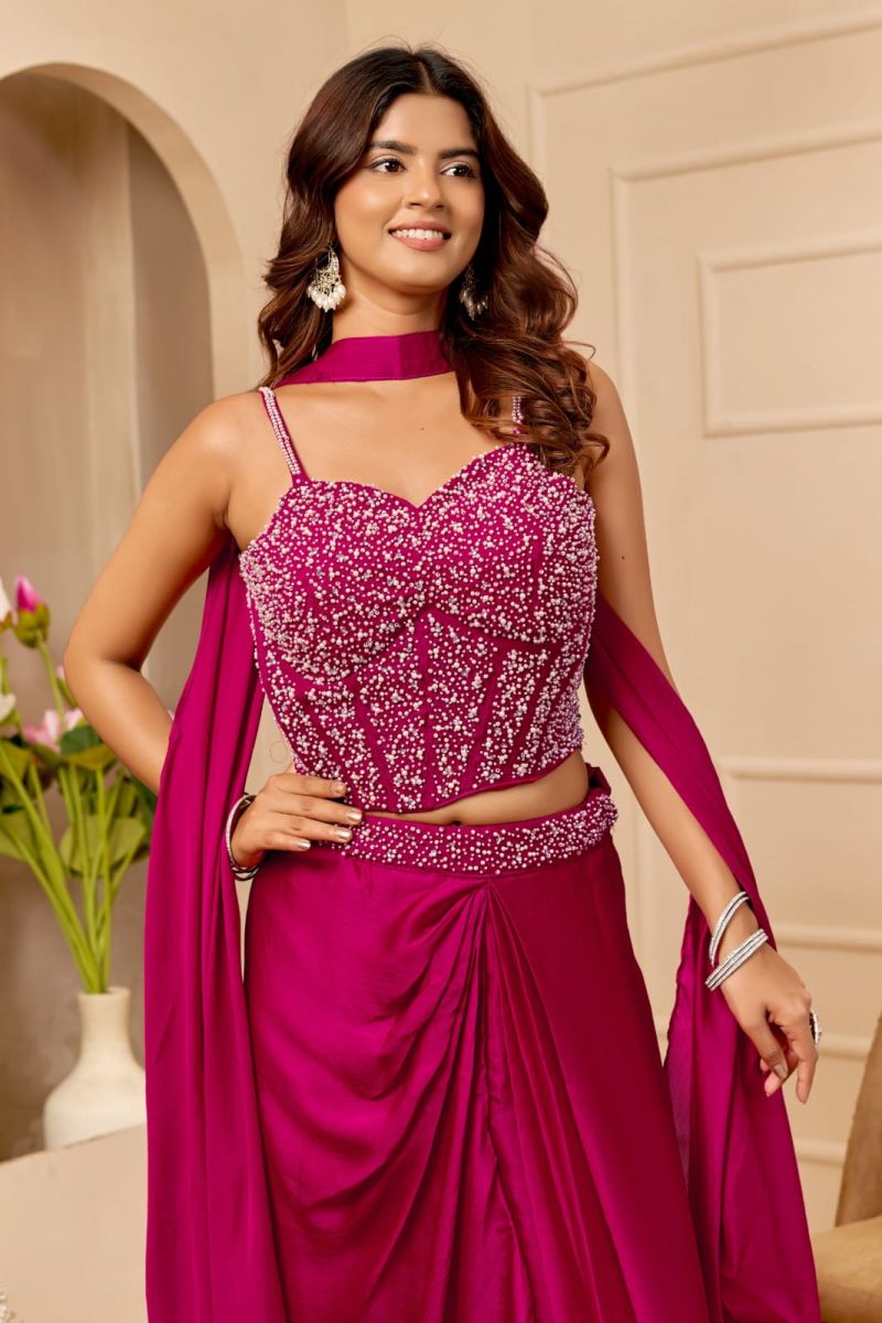 Veloura Ka 1206 Satin Beads And Hand Work Indo Western Draped Skirt With Dupatta Set — Wholesale Designer Salwar Suits, Vardan Ethnic wholesale from Surat — view 2
