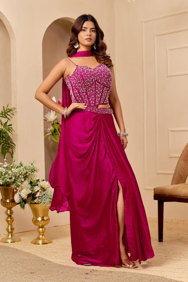 Veloura Ka 1206 Satin Beads And Hand Work Indo Western Draped Skirt With Dupatta Set — Wholesale Designer Salwar Suits, Vardan Ethnic wholesale from Surat — view 4