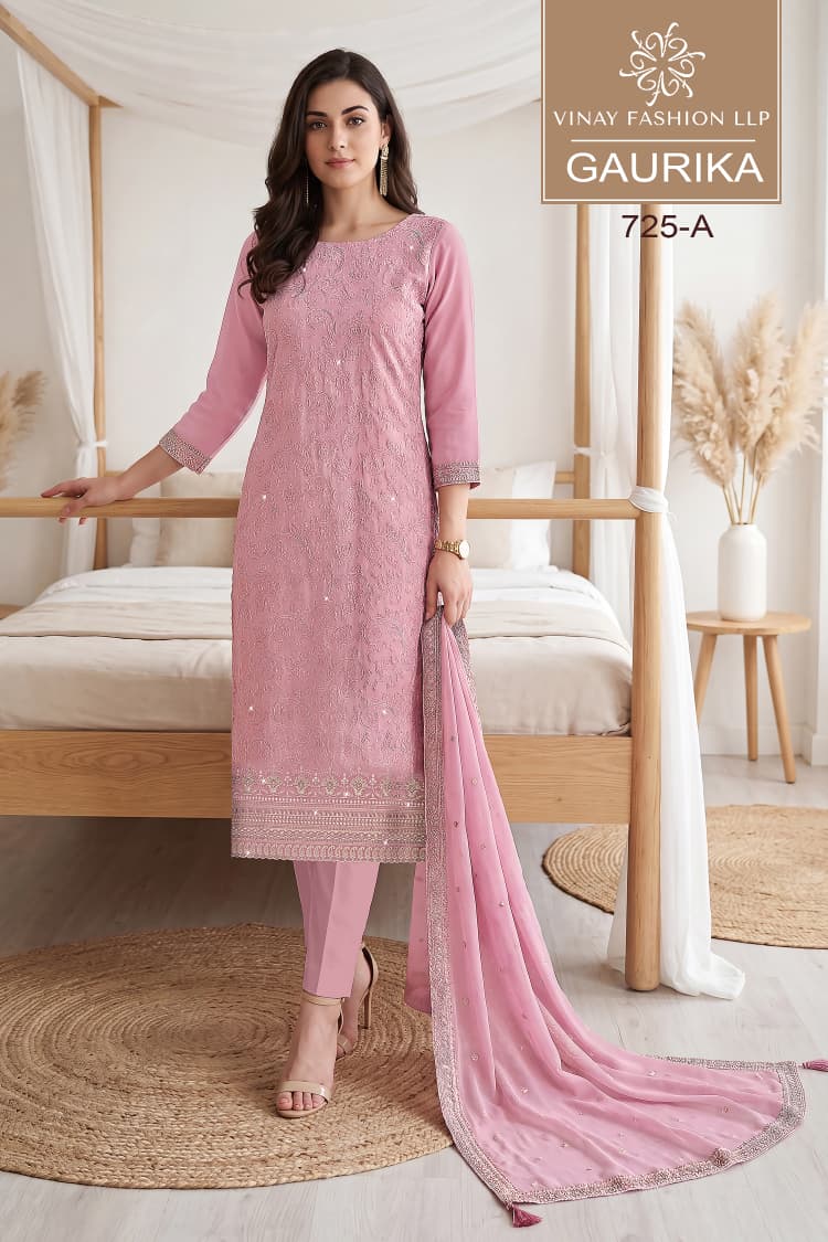Vinay Kuleesh Gaurika Georgette Thered Embroidered Salwar Kameez Catalog — Wholesale Salwar Suits, Vardan Ethnic wholesale from Surat — view 2