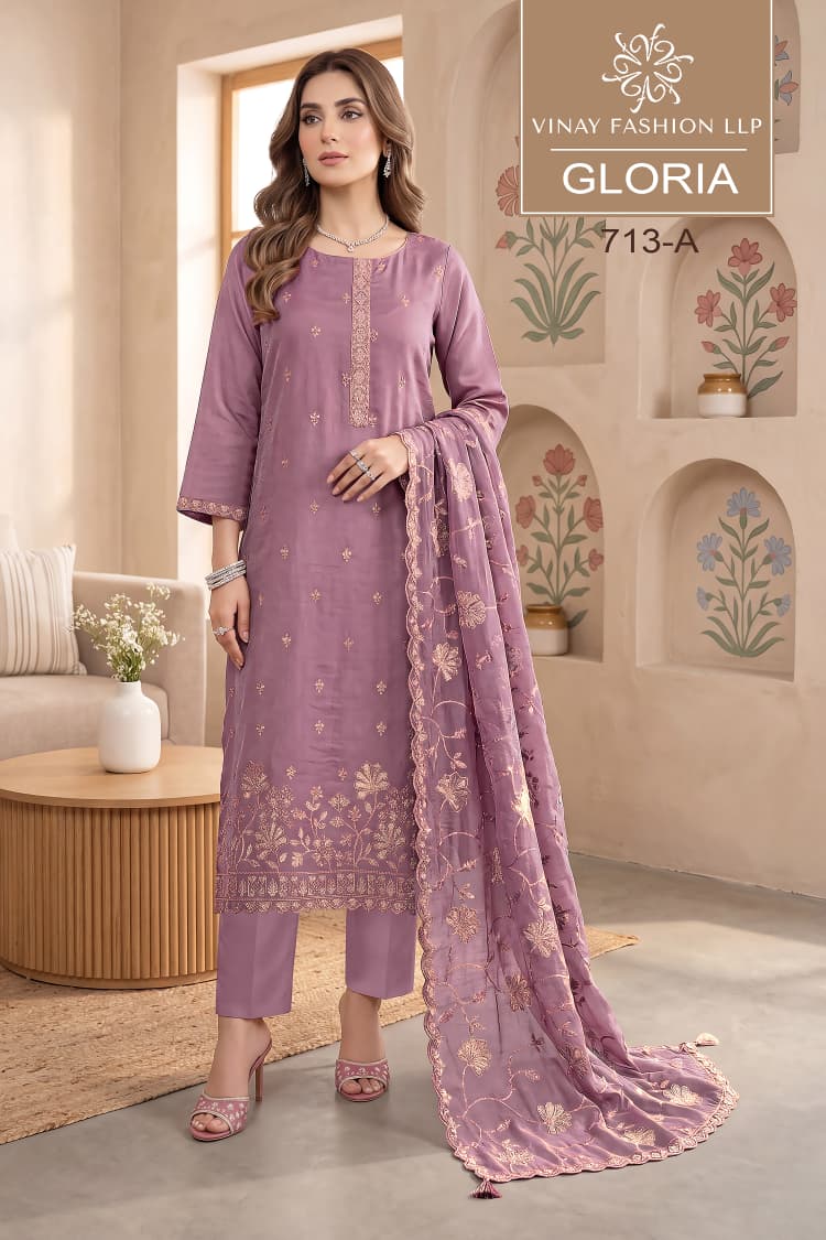 Vinay Kuleesh Gloria Gold Silk Embroidered Salwar Kameez Catalog — Wholesale Salwar Suits, Vardan Ethnic wholesale from Surat — view 3