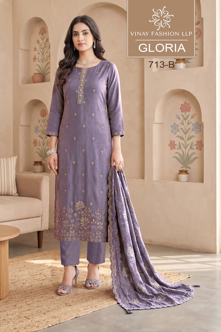 Vinay Kuleesh Gloria Gold Silk Embroidered Salwar Kameez Catalog — Wholesale Salwar Suits, Vardan Ethnic wholesale from Surat — view 4