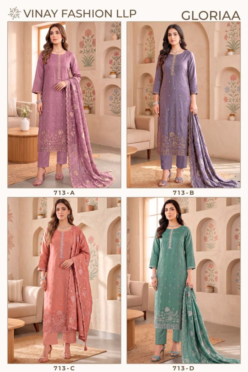 Vinay Kuleesh Gloria Gold Silk Embroidered Salwar Kameez Catalog — Wholesale Salwar Suits, Vardan Ethnic wholesale from Surat — view 6
