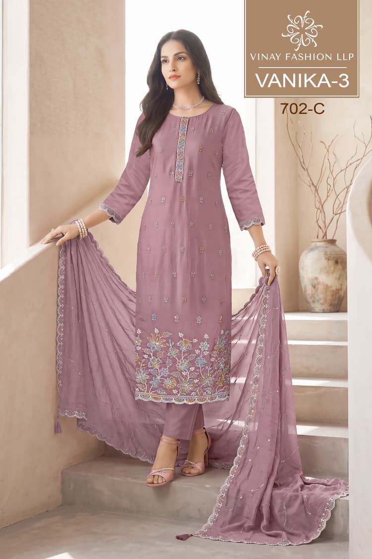 Vinay Kuleesh Vanika Vol 3 Mul Chanderi Embroidered Salwar Kameez Catalog