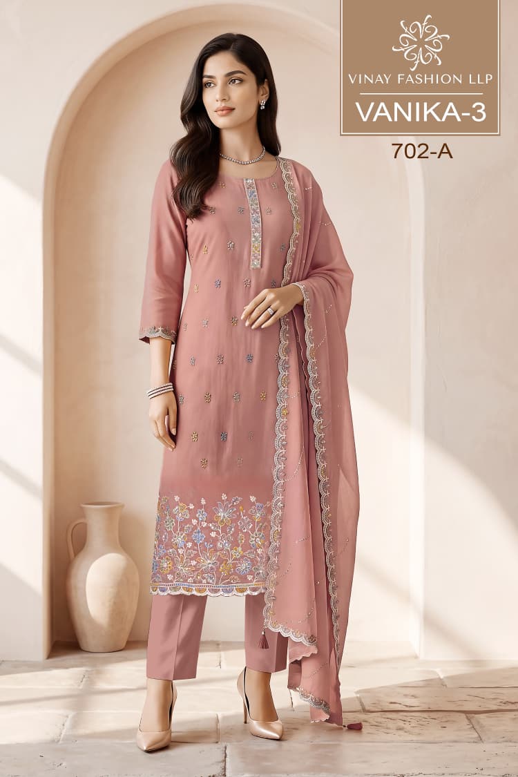 Vinay Kuleesh Vanika Vol 3 Mul Chanderi Embroidered Salwar Kameez Catalog — Wholesale Salwar Kameez, Vardan Ethnic wholesale from Surat — view 2