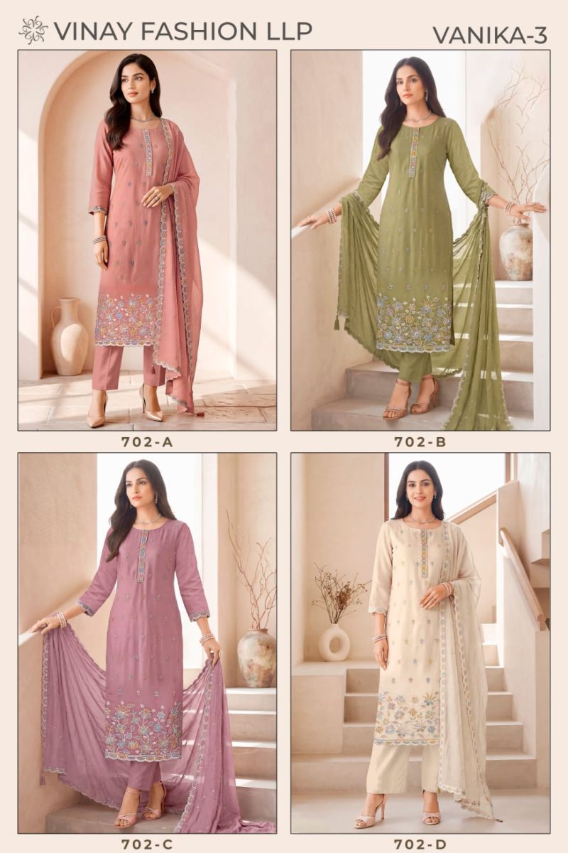 Vinay Kuleesh Vanika Vol 3 Mul Chanderi Embroidered Salwar Kameez Catalog — Wholesale Salwar Kameez, Vardan Ethnic wholesale from Surat — view 6