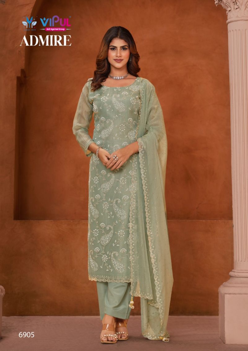 Vipul Admire Gold Tissue Chiffon Jarkan And Beads Work Salwar Kameez Dress Material
