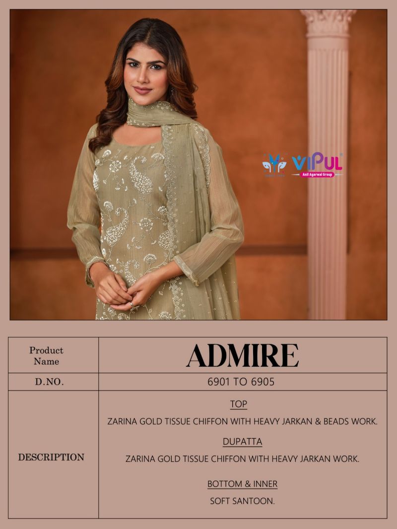 Vipul Admire Gold Tissue Chiffon Jarkan And Beads Work Salwar Kameez Dress Material — Wholesale Salwar Suits, Vardan Ethnic wholesale from Surat — view 6