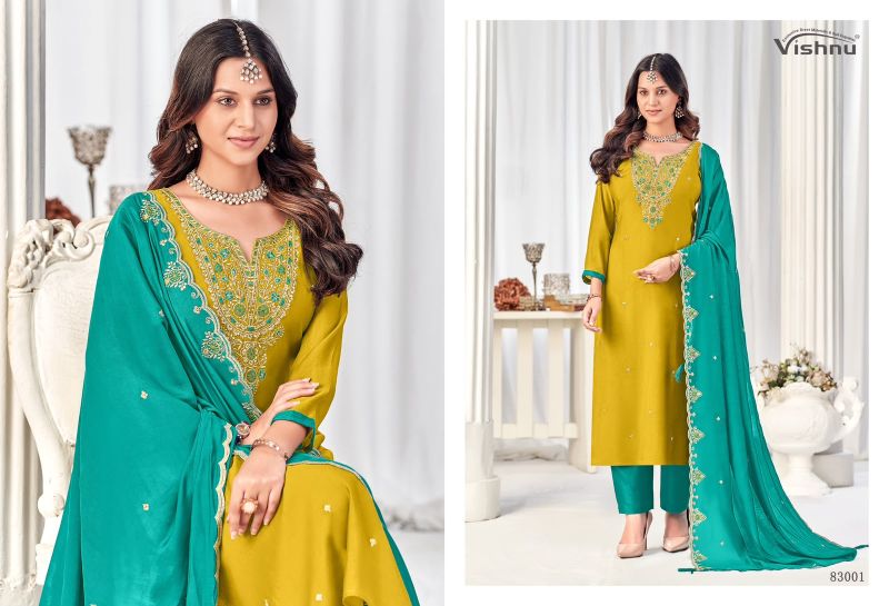 Vishnu Misbah Mul Chanderi Embroidered Dress Material Catalog — Wholesale Salwar Suits, Vardan Ethnic wholesale from Surat — view 6
