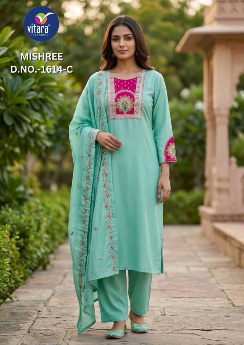 Vitara Mishree Vatican Embroidered Kurti With Bottom Dupatta Set — Wholesale Salwar Suits, Vardan Ethnic wholesale from Surat — view 4