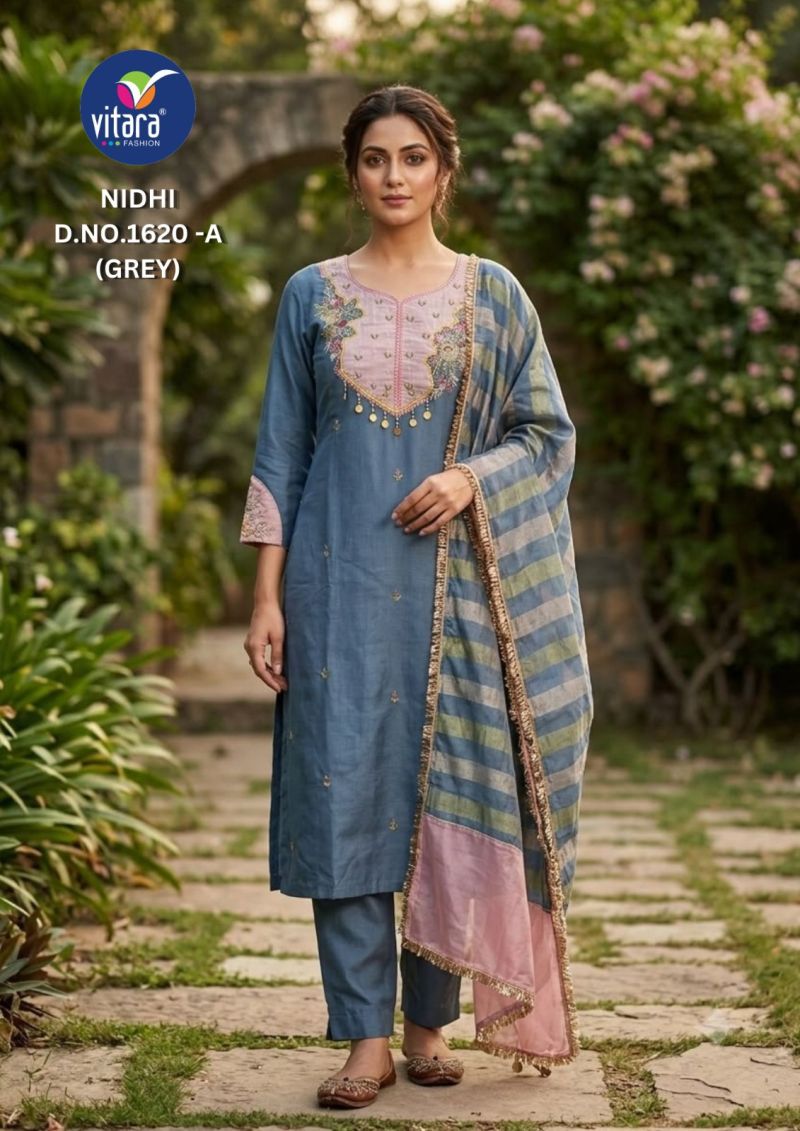 Vitara Nidhi Roman Slub Embroidered Kurti With Bottom Dupatta Set — Wholesale Kurtis, Vitara Fashion wholesale from Surat — view 2
