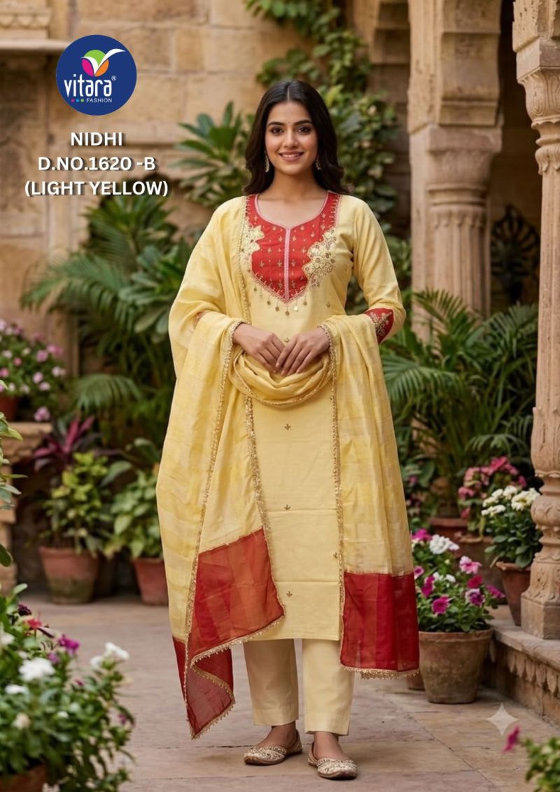 Vitara Nidhi Roman Slub Embroidered Kurti With Bottom Dupatta Set