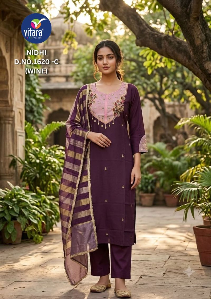Vitara Nidhi Roman Slub Embroidered Kurti With Bottom Dupatta Set — Wholesale Kurtis, Vitara Fashion wholesale from Surat — view 4
