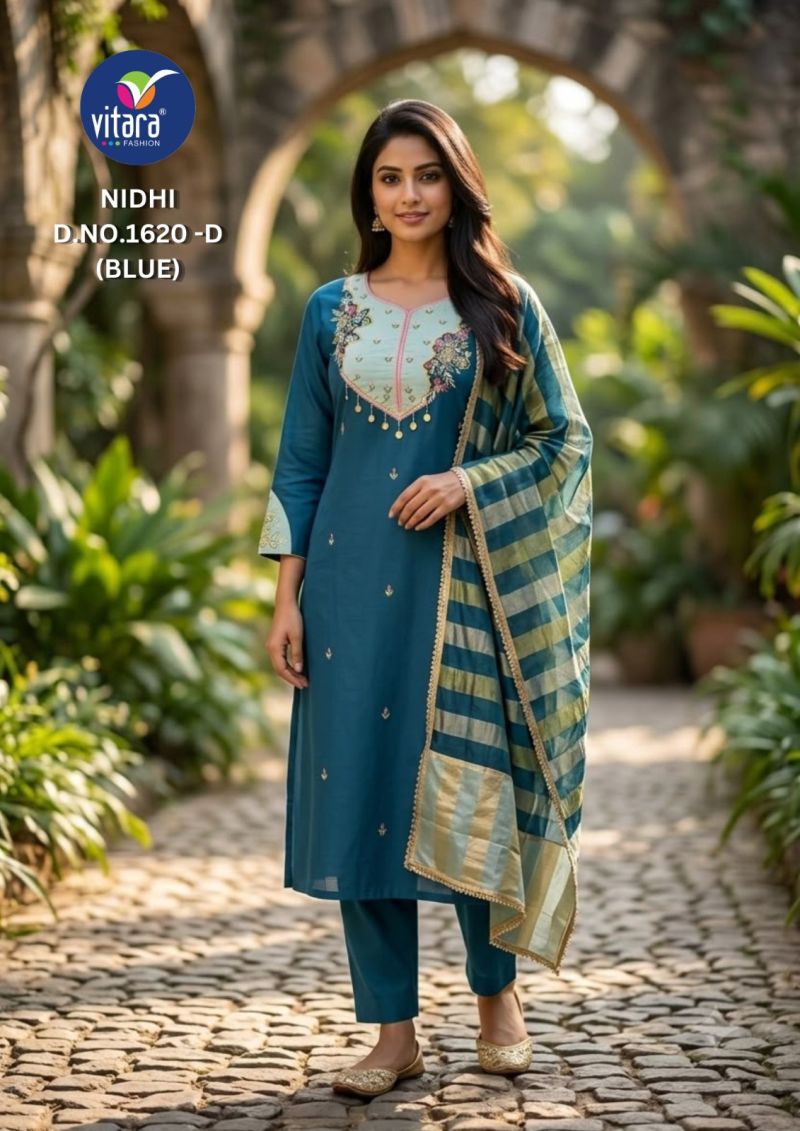 Vitara Nidhi Roman Slub Embroidered Kurti With Bottom Dupatta Set — Wholesale Kurtis, Vitara Fashion wholesale from Surat — view 8