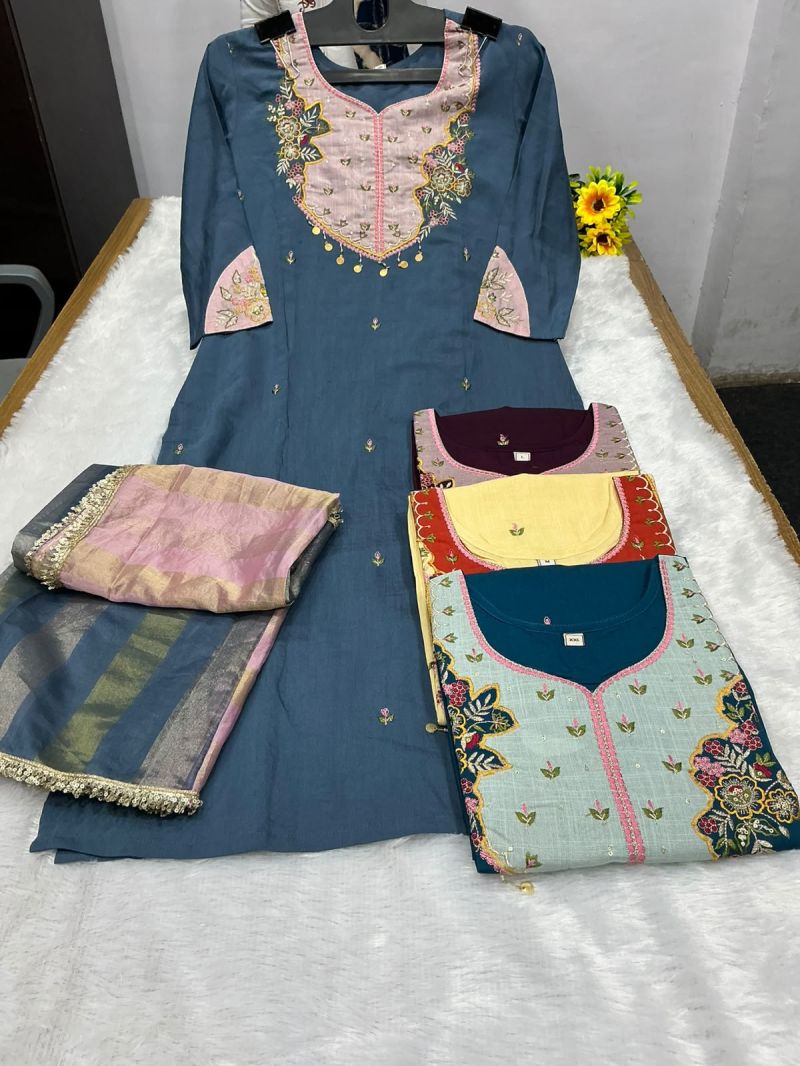 Vitara Nidhi Roman Slub Embroidered Kurti With Bottom Dupatta Set — Wholesale Kurtis, Vitara Fashion wholesale from Surat — view 5