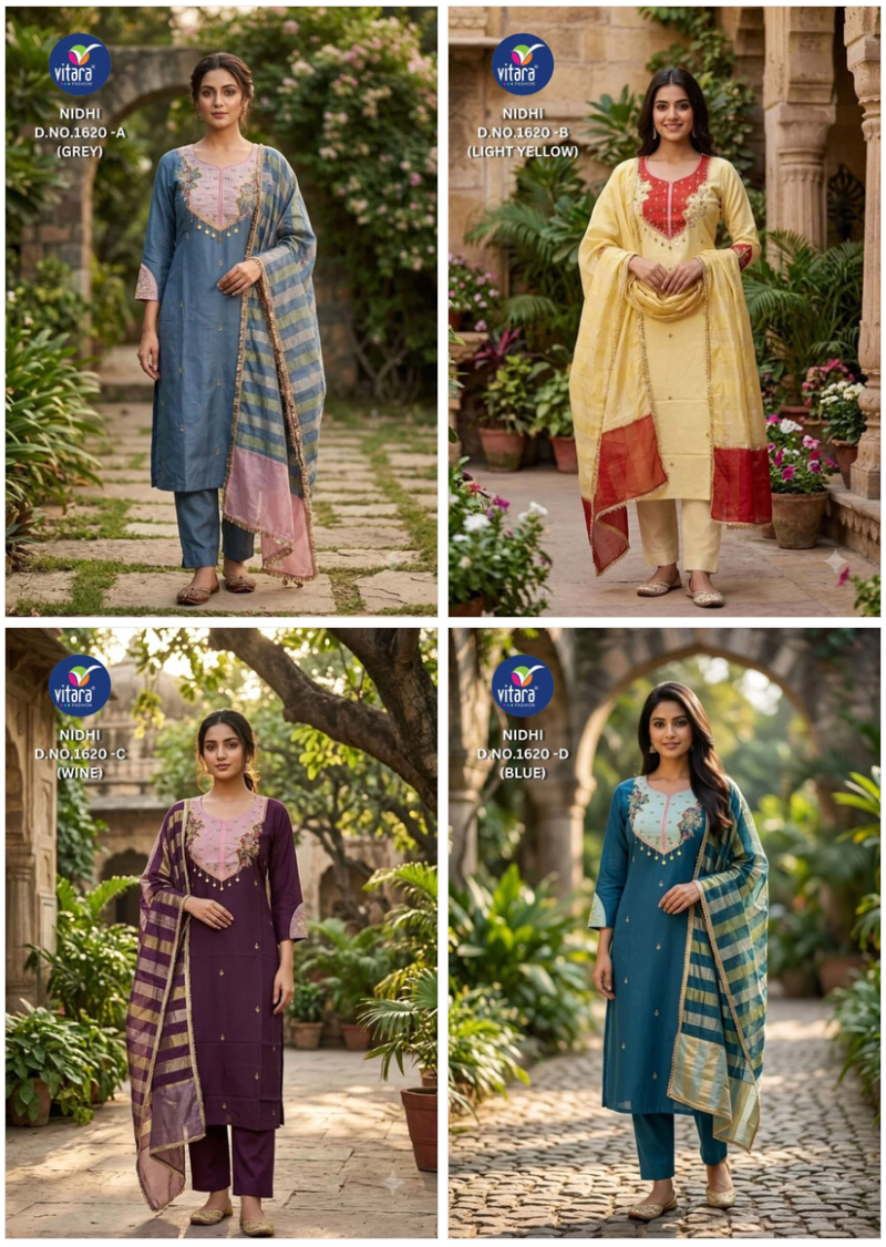 Vitara Nidhi Roman Slub Embroidered Kurti With Bottom Dupatta Set — Wholesale Kurtis, Vitara Fashion wholesale from Surat — view 3