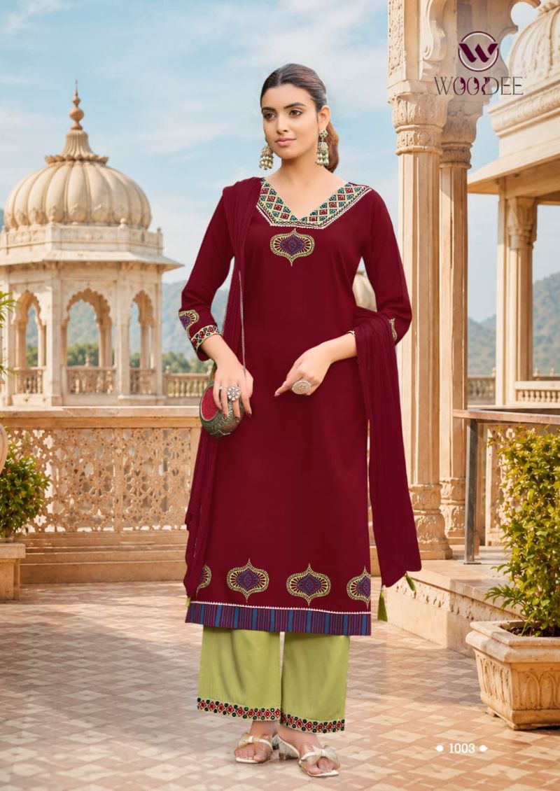 Woodee Noor Rayon Thread Work Kurti With Bottom Dupatta Set — Wholesale Readymade Suit, Woodee wholesale from Surat — view 2