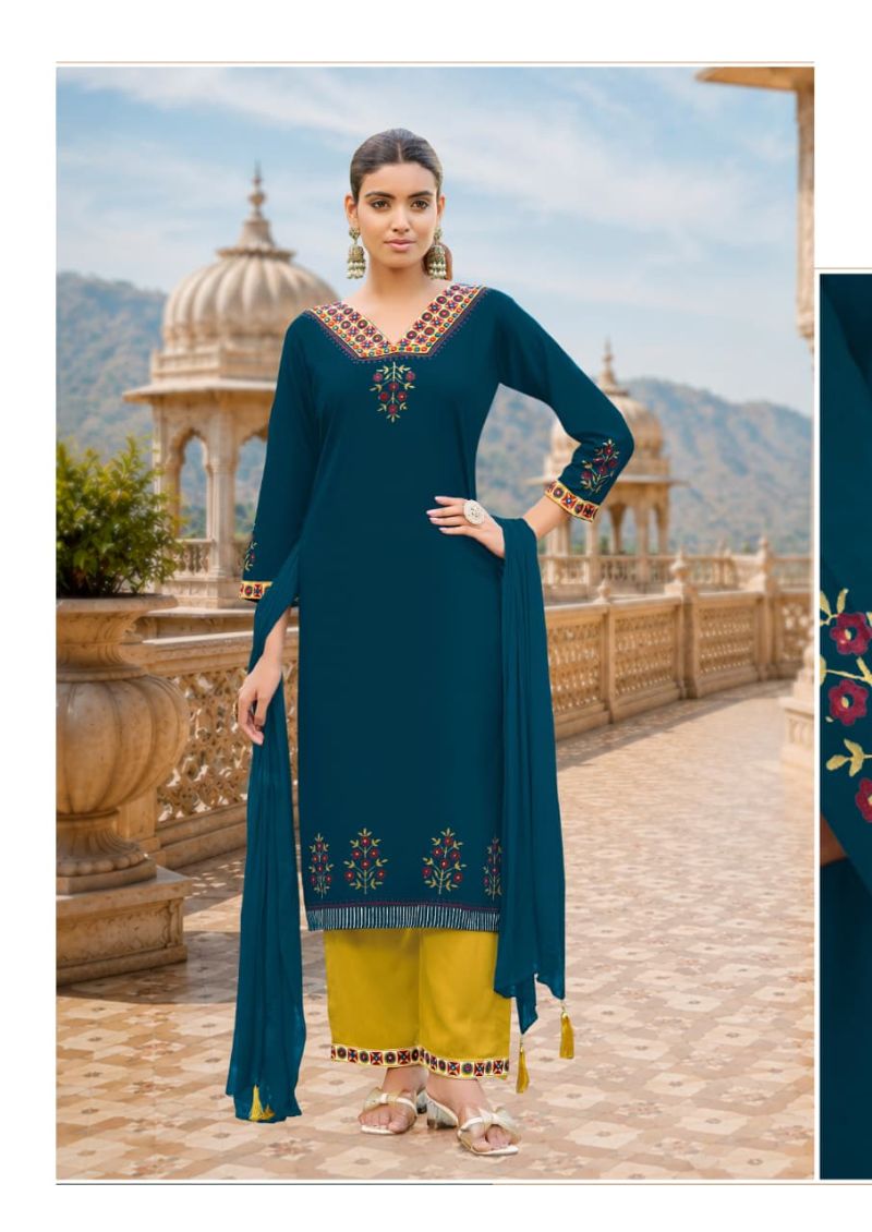 Woodee Noor Rayon Thread Work Kurti With Bottom Dupatta Set — Wholesale Readymade Suit, Woodee wholesale from Surat — view 3