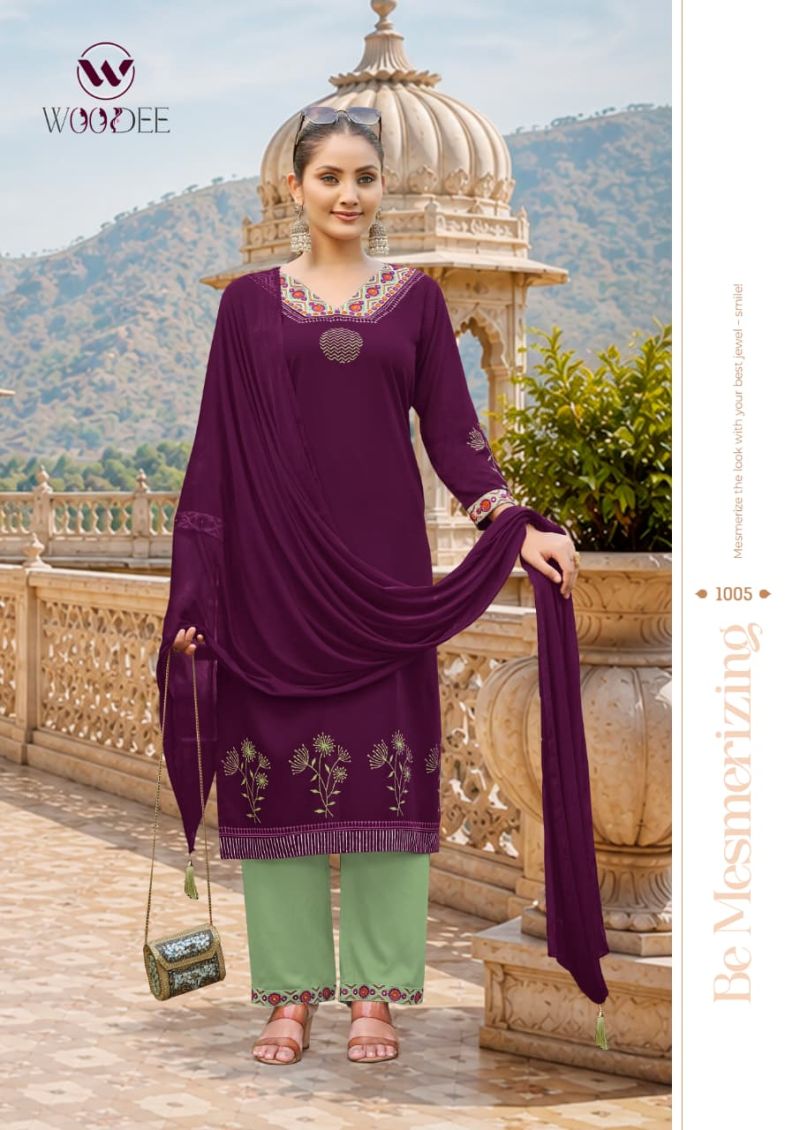 Woodee Noor Rayon Thread Work Kurti With Bottom Dupatta Set — Wholesale Readymade Suit, Woodee wholesale from Surat — view 4
