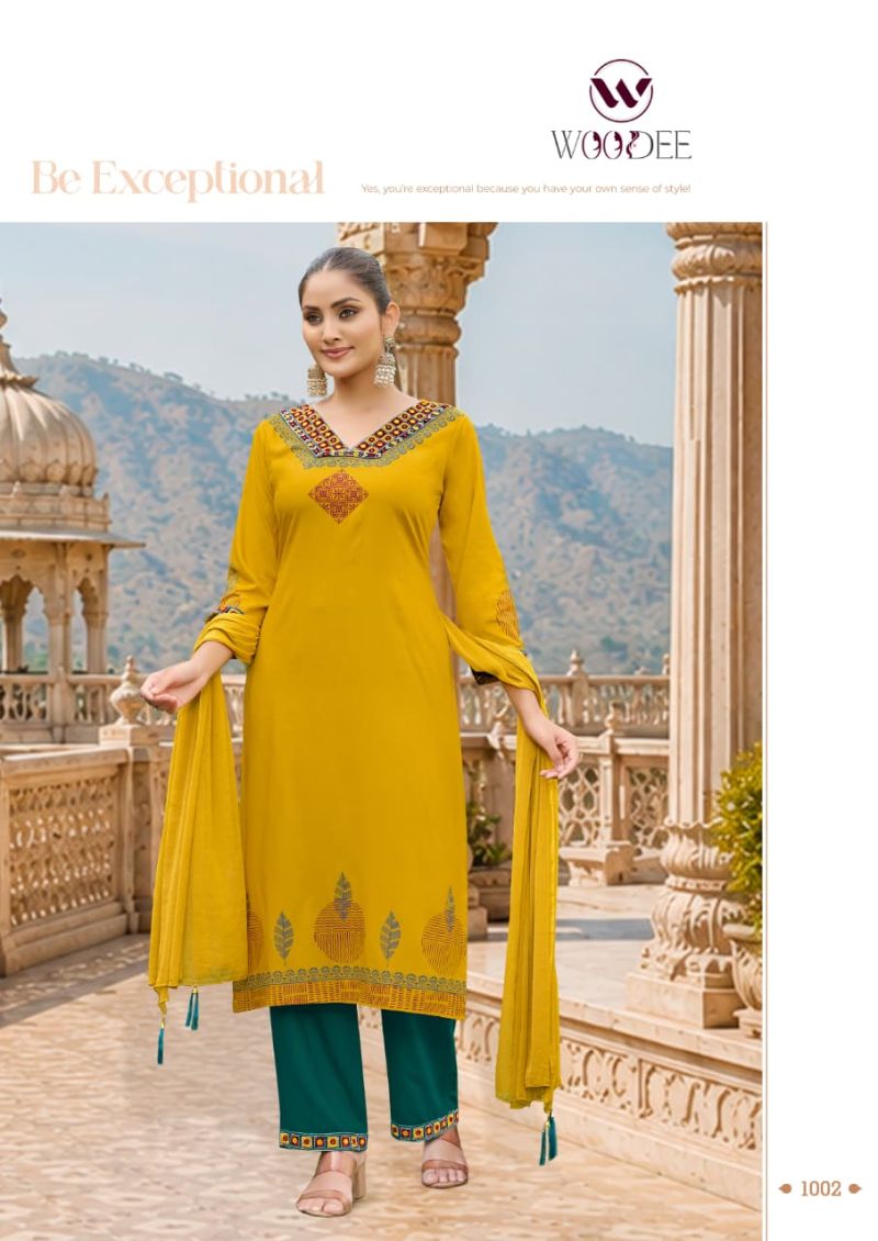 Woodee Noor Rayon Thread Work Kurti With Bottom Dupatta Set