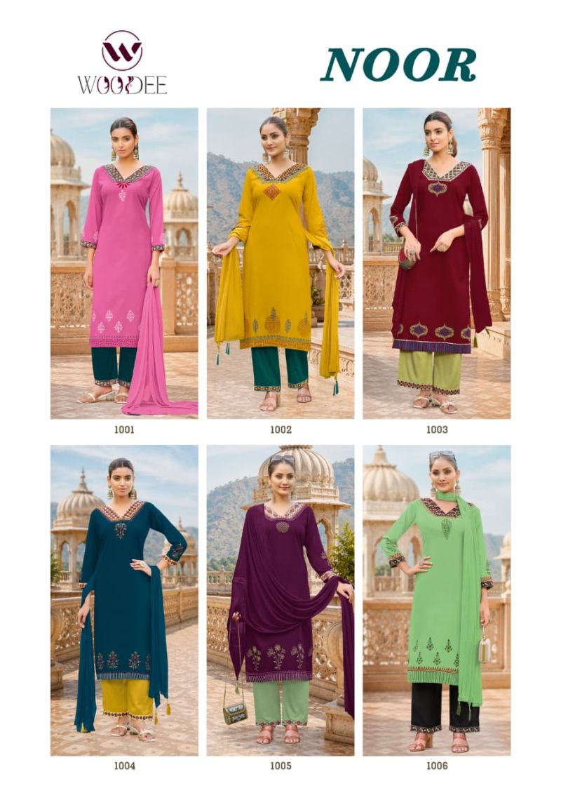 Woodee Noor Rayon Thread Work Kurti With Bottom Dupatta Set — Wholesale Readymade Suit, Woodee wholesale from Surat — view 9