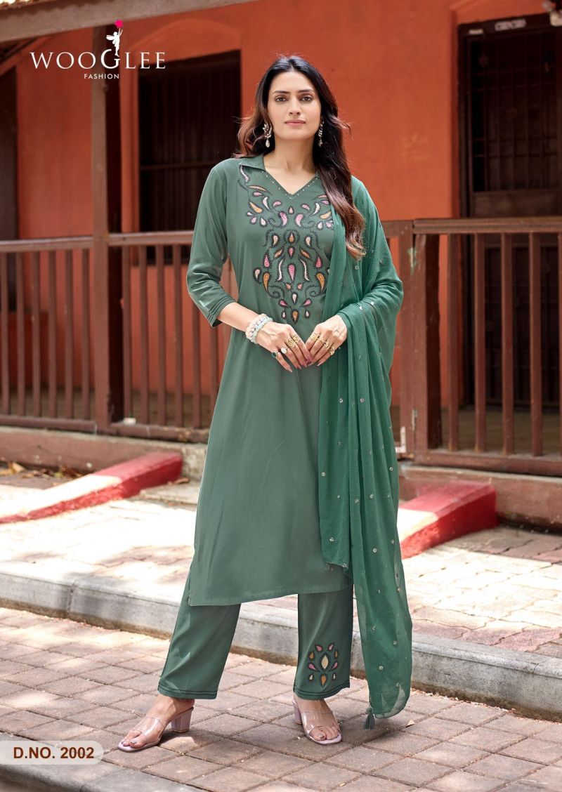 Wooglee Sanskriti Rayon Handwork Kurti With Bottom Dupatta Set — Wholesale Kurti With Bottom Dupatta, Wooglee wholesale from Surat — view 5