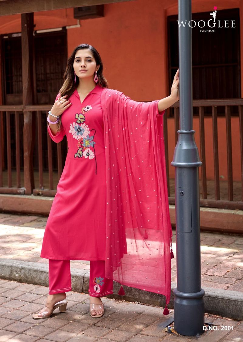 Wooglee Sanskriti Rayon Handwork Kurti With Bottom Dupatta Set — Wholesale Kurti With Bottom Dupatta, Wooglee wholesale from Surat — view 4