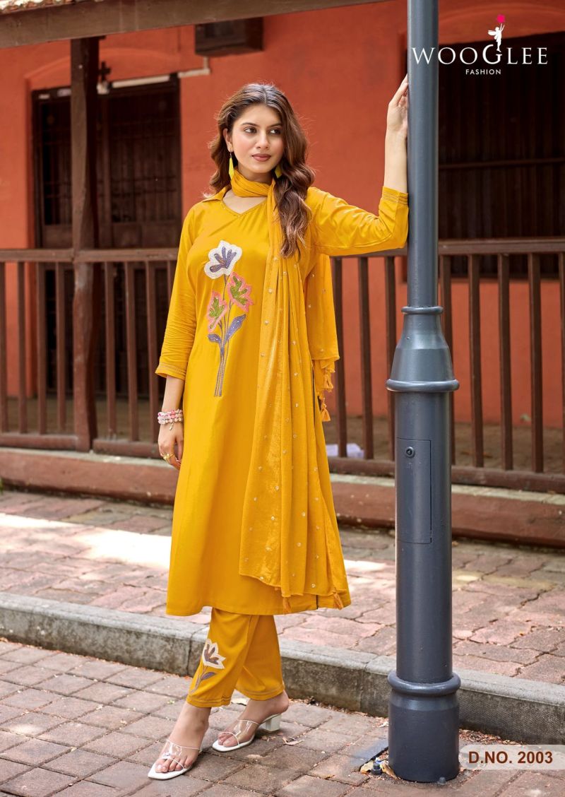 Wooglee Sanskriti Rayon Handwork Kurti With Bottom Dupatta Set — Wholesale Kurti With Bottom Dupatta, Wooglee wholesale from Surat — view 2