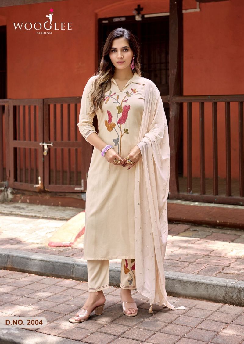 Wooglee Sanskriti Rayon Handwork Kurti With Bottom Dupatta Set — Wholesale Kurti With Bottom Dupatta, Wooglee wholesale from Surat — view 3