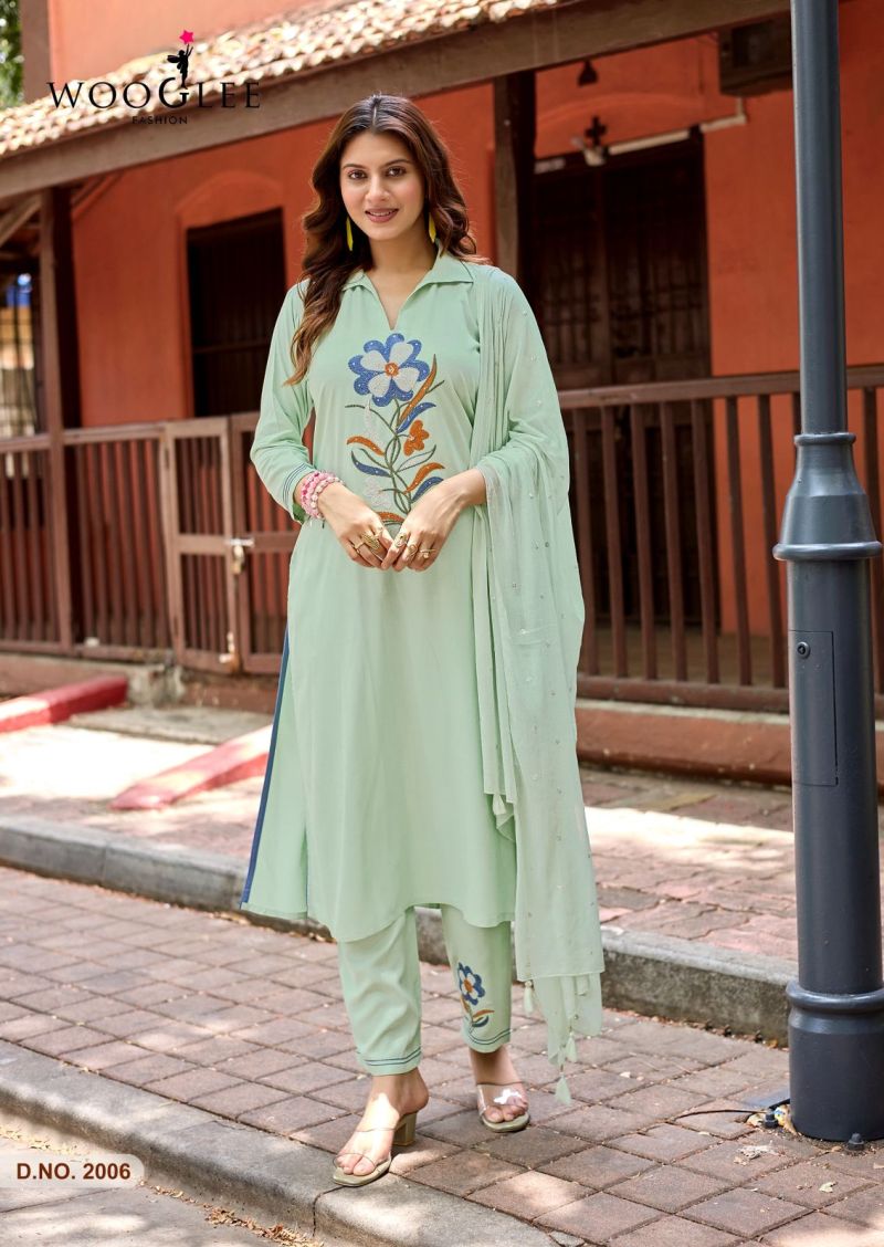 Wooglee Sanskriti Rayon Handwork Kurti With Bottom Dupatta Set — Wholesale Kurti With Bottom Dupatta, Wooglee wholesale from Surat — view 10