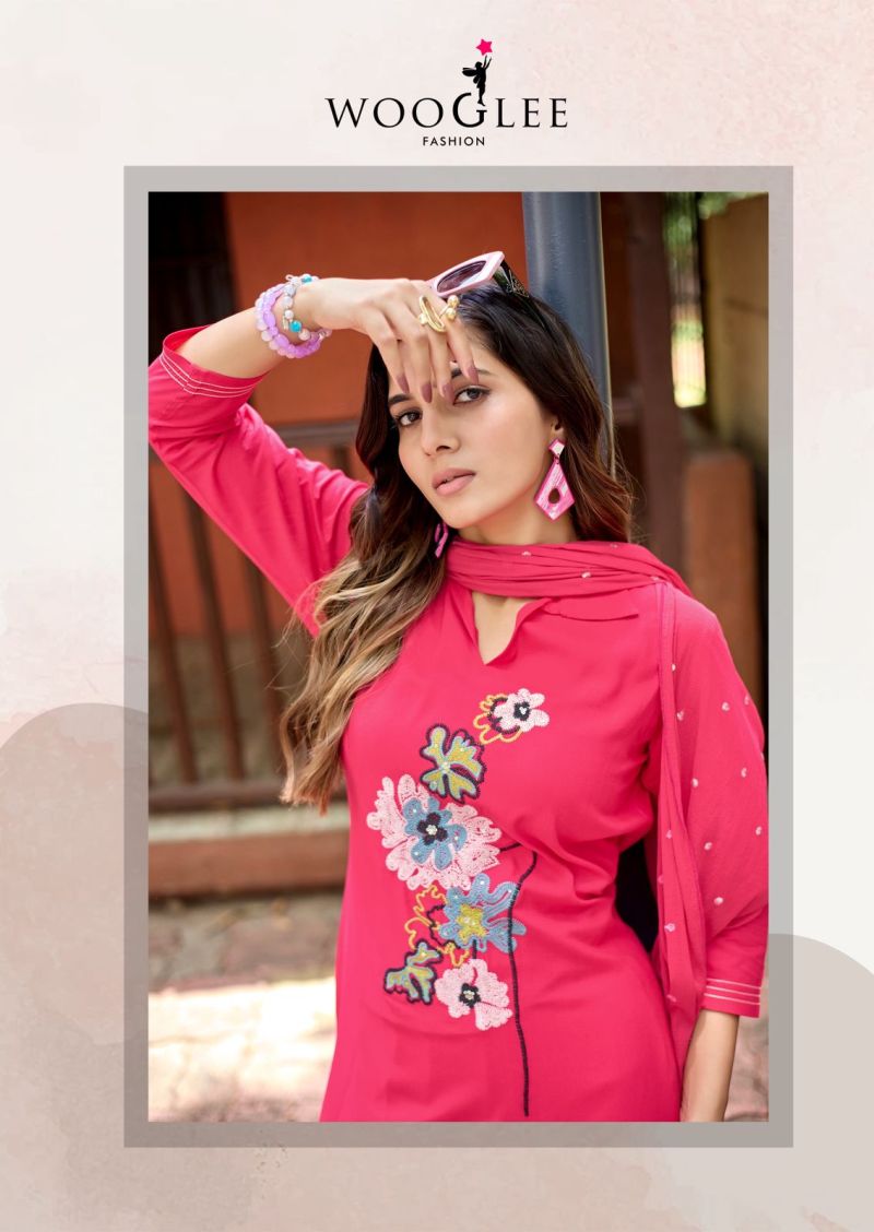 Wooglee Sanskriti Rayon Handwork Kurti With Bottom Dupatta Set — Wholesale Kurti With Bottom Dupatta, Wooglee wholesale from Surat — view 9