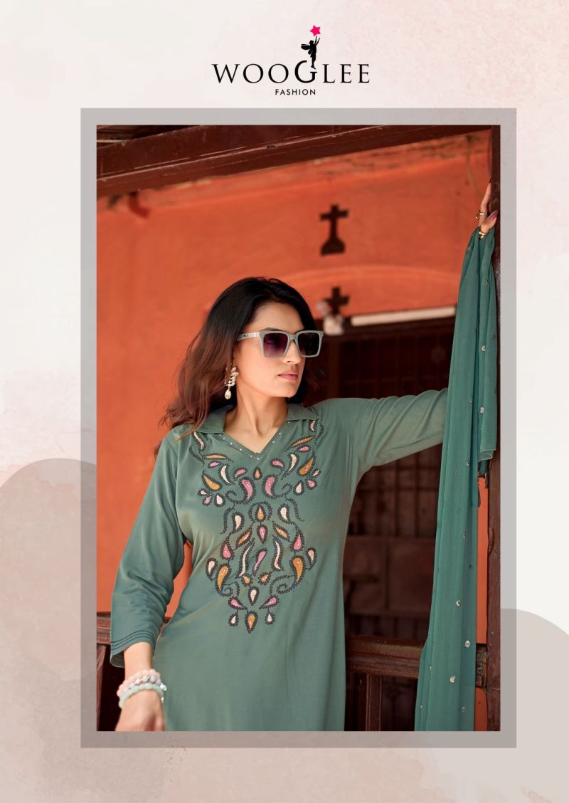 Wooglee Sanskriti Rayon Handwork Kurti With Bottom Dupatta Set — Wholesale Kurti With Bottom Dupatta, Wooglee wholesale from Surat — view 8