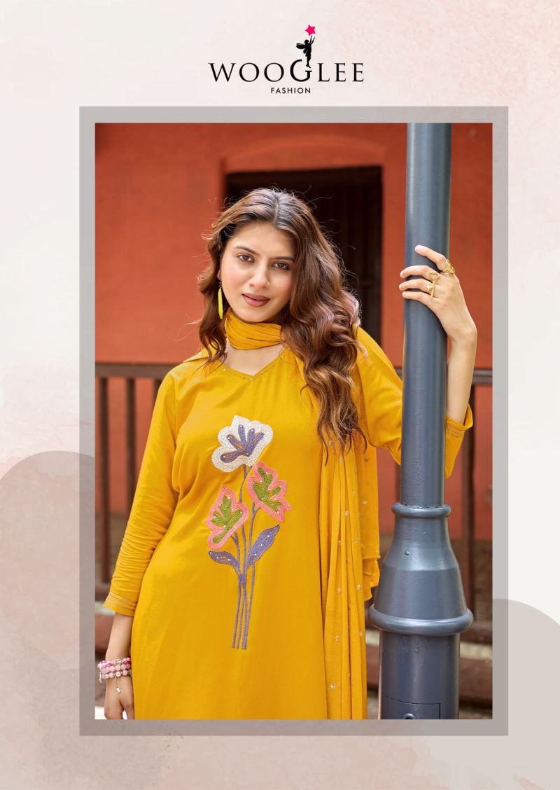 Wooglee Sanskriti Rayon Handwork Kurti With Bottom Dupatta Set — Wholesale Kurti With Bottom Dupatta, Wooglee wholesale from Surat — view 7
