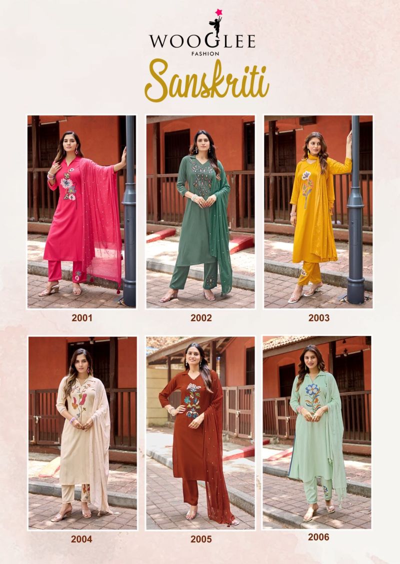Wooglee Sanskriti Rayon Handwork Kurti With Bottom Dupatta Set — Wholesale Kurti With Bottom Dupatta, Wooglee wholesale from Surat — view 6