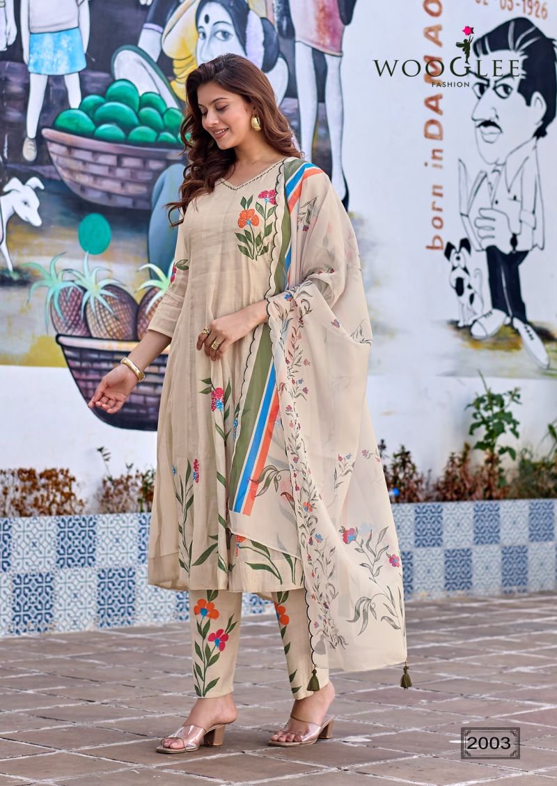Wooglee Varnika Mul Chanderi Printed Kurti With Bottom Dupatta Set — Wholesale Kurti Pant Set, Vardan Ethnic wholesale from Surat — view 3