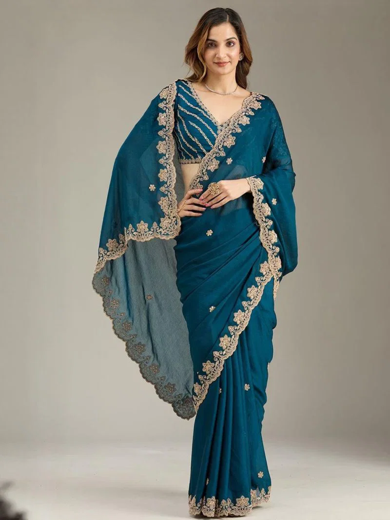 Em 16 Fandy Satin Embellished Embroidered Saree — Organza Saree wholesale from Surat — view 1
