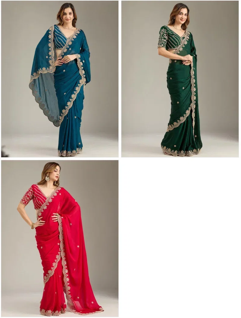 Em 16 Fandy Satin Embellished Embroidered Saree — Organza Saree wholesale from Surat — view 4