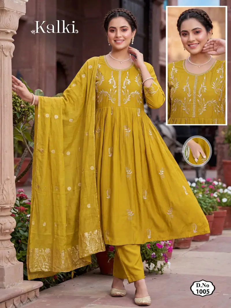 Kalki Vol 2 Roman Silk Plain Dori Sequence Worked Kurti Set — Wholesale Readymade Suit wholesale from Surat — view 1