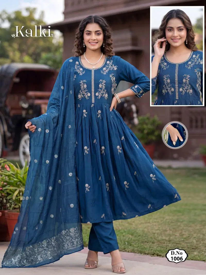 Kalki Vol 2 Roman Silk Plain Dori Sequence Worked Kurti Set — Wholesale Readymade Suit wholesale from Surat - Gallery Image 5