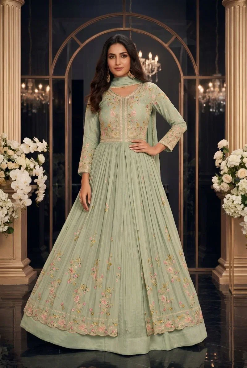 Aurraa Mastani Chinon Embroidered Kurti With Ghagra Dupatta Set