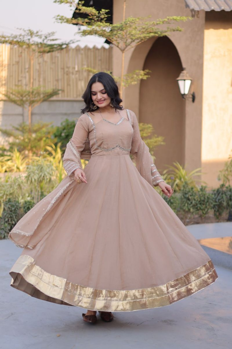 Ka 126Silver 1 Crunchy Mirror Lace Worked Gown With Dupatta Set