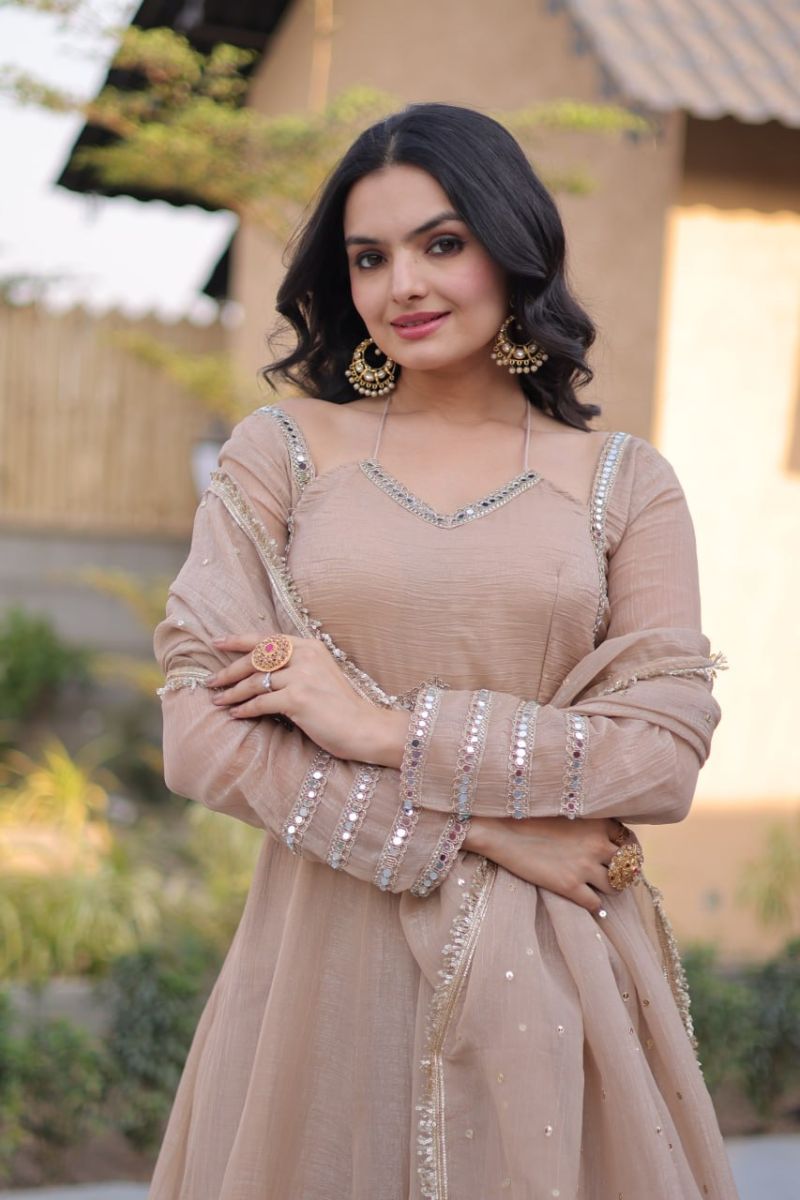 Ka 126Silver 1 Crunchy Mirror Lace Worked Gown With Dupatta Set — Wholesale Kurtis, Vardan Ethnic wholesale from Surat — view 4