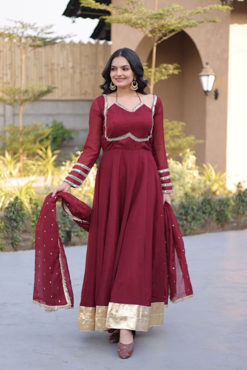 Ka 126Silver 1 Crunchy Mirror Lace Worked Gown With Dupatta Set — Wholesale Kurtis, Vardan Ethnic wholesale from Surat — view 5
